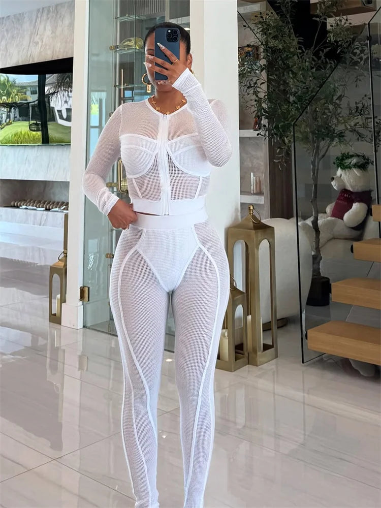 Patchwork Mesh 2-Piece Set Women See Through Zip o-Neck Long Sleeve Crop Tops+Pants Sexy Stretch Matching Autumn Suits