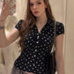 Polka Dot Short Sleeve Sexy Tops Women Cardigan Elegant Turn-down Collar Single-breasted Ruched Lace-up Club Party Top