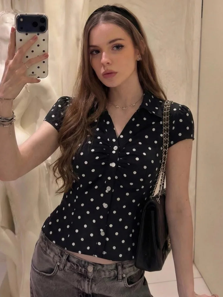 Polka Dot Short Sleeve Sexy Tops Women Cardigan Elegant Turn-down Collar Single-breasted Ruched Lace-up Club Party Top