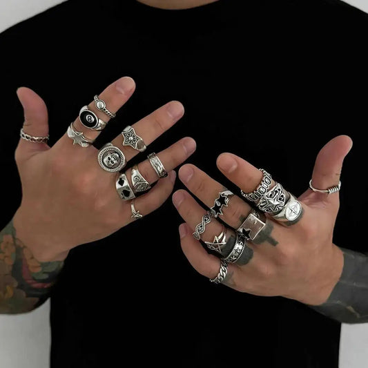 20 Pcs Gothic Pentagram Rings Men Vintage Punk Geometry Silver Color Finger Ring Jewelry Halloween Accessories Gifts