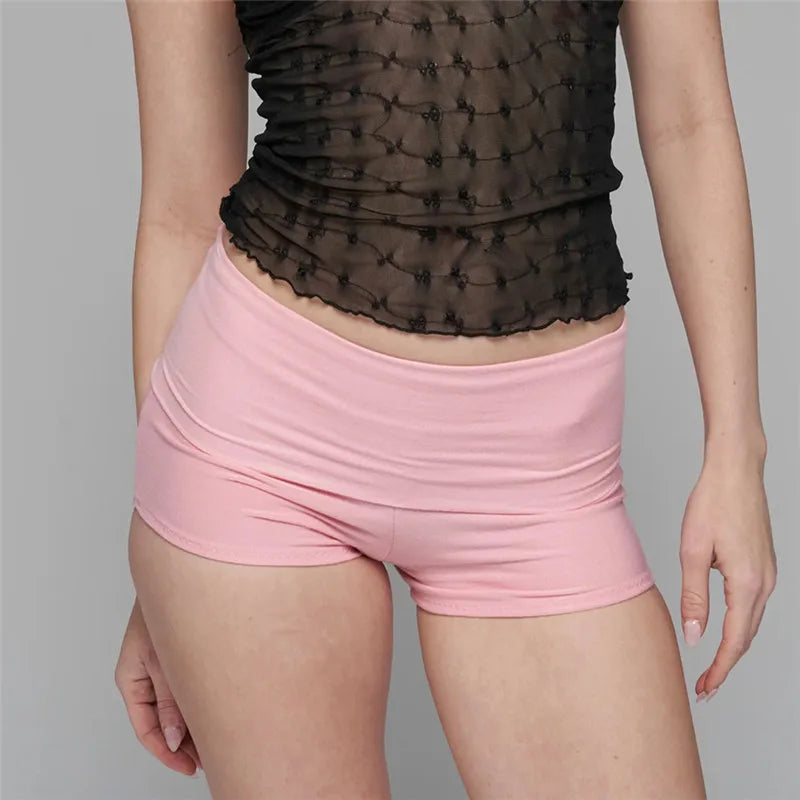 Women's Fold Over Waist Low Rise Yoga Shorts Slim Fit Stretchy Cotton Casual Summer Lounge Shorts for Daily Workout