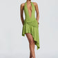 Women Halter Deep V Neck Sexy Midi Dress Elegant Irregular Ruched Wrap Waist Bodycon Club Night Party Mini Dresses