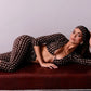 Sexy Fashion 3 Piece Set Woman Polka Dot Print Headscarf+Low-Neck Full Sleeve Tops+Metal Buckle Crop Pants Streetwear