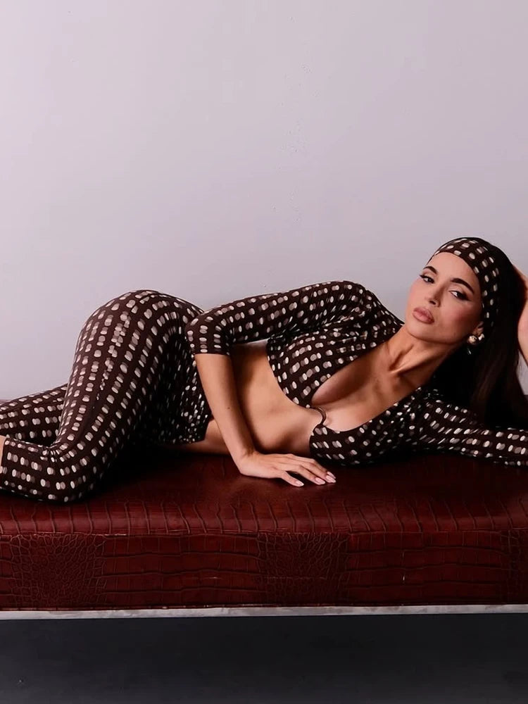Sexy Fashion 3 Piece Set Woman Polka Dot Print Headscarf+Low-Neck Full Sleeve Tops+Metal Buckle Crop Pants Streetwear