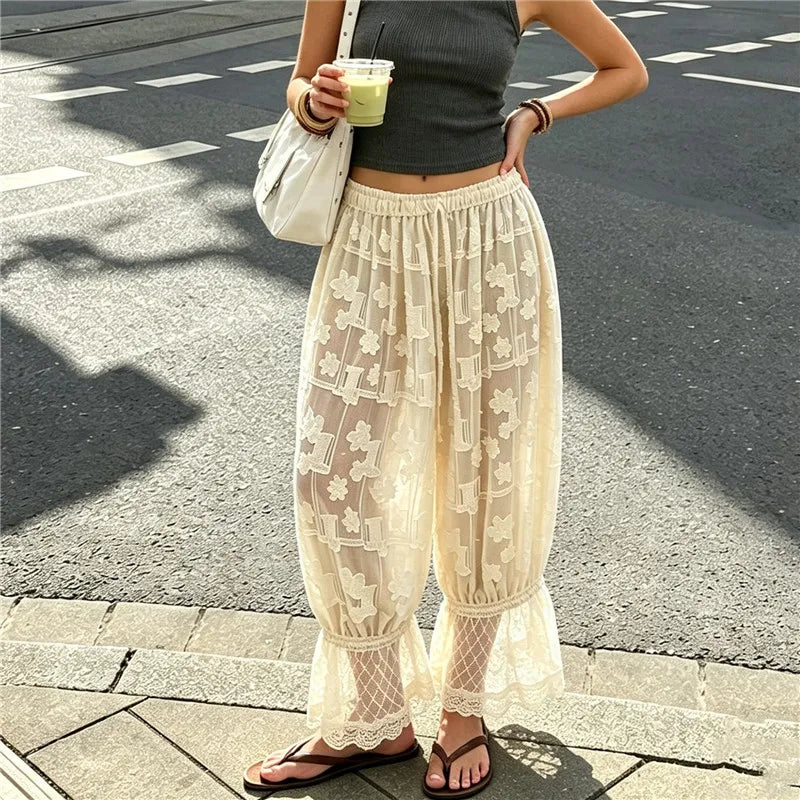 Women Sheer Floral Lace Harem Pants Elastic Drawstring Waist Ruffle Hem Loose Baggy Bloomers Beach Casual Trousers