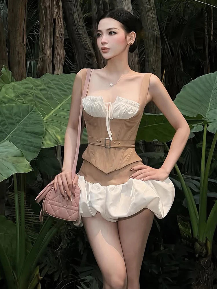 Patchwork 2-Piece Set Women Bandage Low-Neck Fake Fish Bone Belt Decoration Vest+Puffy Hem Skirt Fashion Sweet Suit