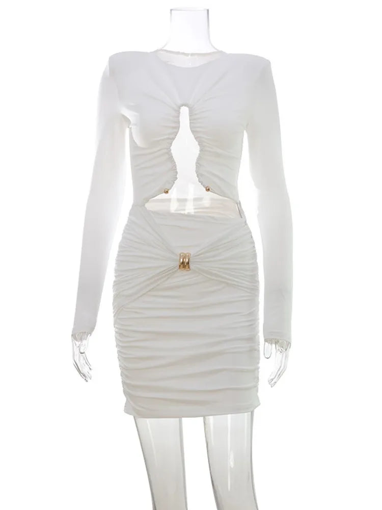 Hollow Out Long Sleeve Sexy Mini Dress Women Elegant Cut Out Skinny Draped Ruched Club Party Dresses Female Clothes