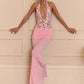 Women Halter Deep V Neck Mermaid Sexy Maxi Dress Floral Lace Spliced Ruched Bodycon Floor‑Length Evening Party Dress