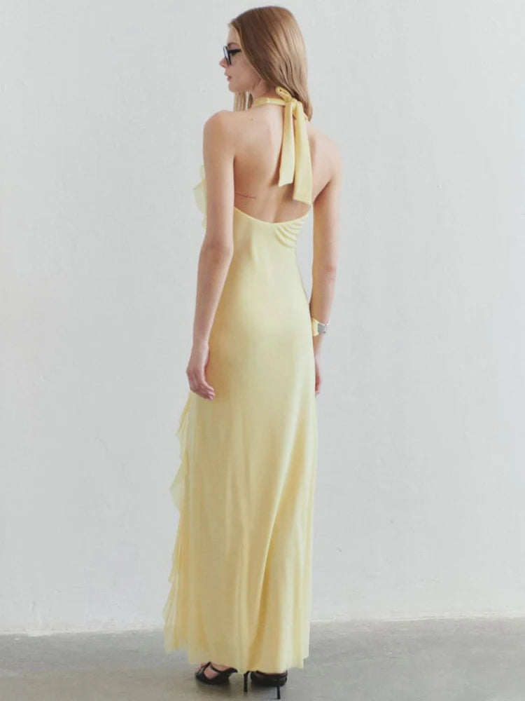 Halter Off-shoulder Ruffle Sexy Maxi Dress Women Fashion V Neck Sleeveless Backless Bodycon Club Party Long Dress
