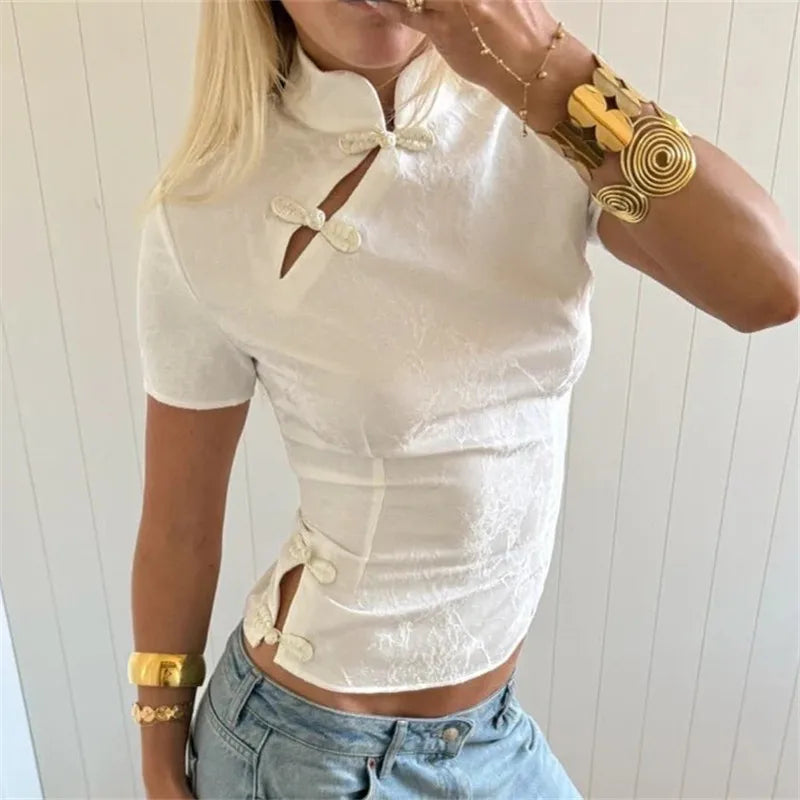 Women White Cheongsam Style Top Short Sleeve Stand Collar Frog Button Blouse Fitted Jacquard Crop Top with Side Slits