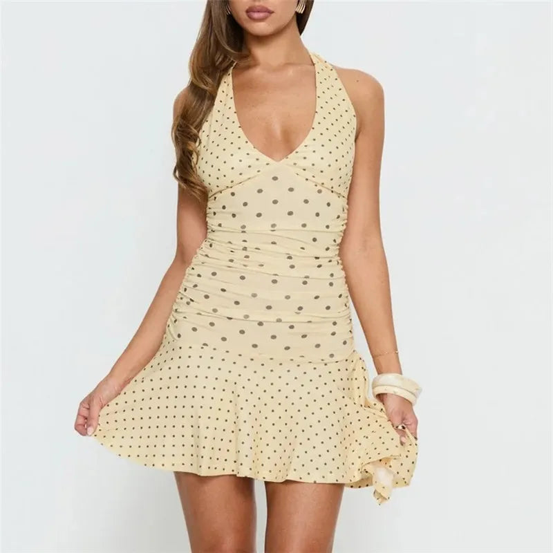 Y2K Polka Dot Halter Neck Mini Dress Backless Flowy Ruffle Hem Sleeveless Bodycon Dress Women Summer Vacation Outfit