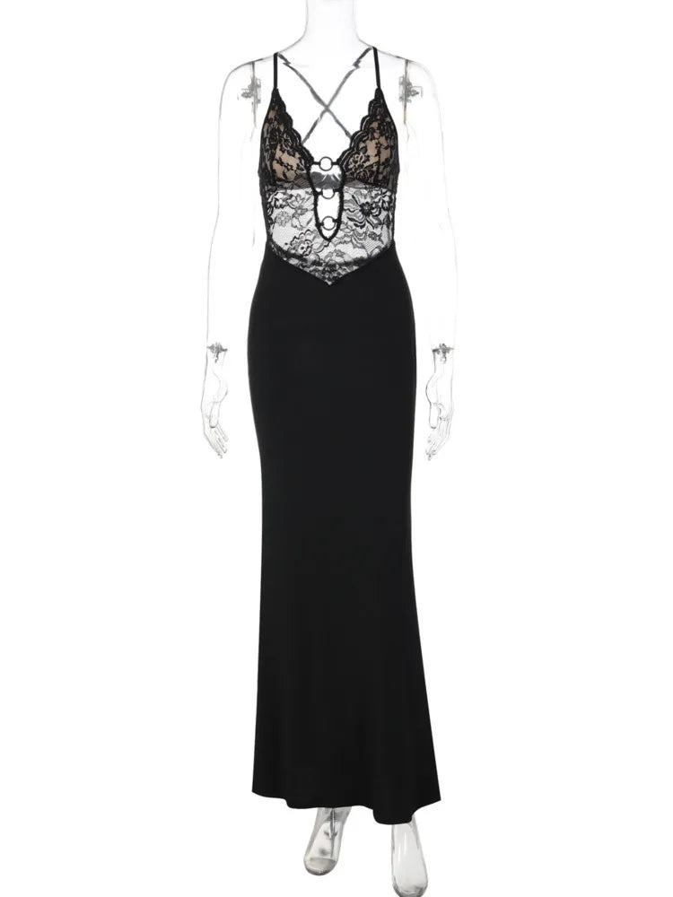 Lace Spaghetti Strap Sexy Maxi Dress Women Gown Black Deep V Neck Sleeveless Backless Bodycon Club Party Long Dresses