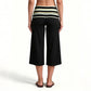 Women High Waist Fold Over Striped Waistband Cropped Wide Leg Pants Stretchy Casual Beach Yoga Capri Trousers
