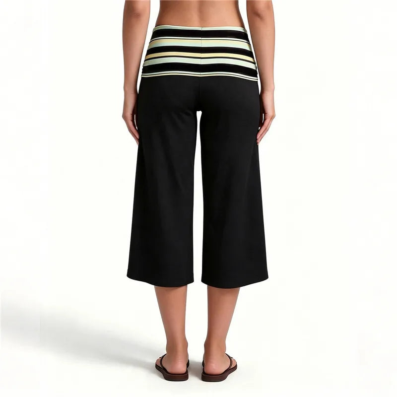 Women High Waist Fold Over Striped Waistband Cropped Wide Leg Pants Stretchy Casual Beach Yoga Capri Trousers