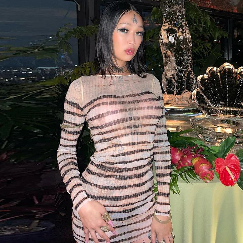 Striped Print Mesh Long Sleeve Dress for Women Y2k Fashion See Through Mini Bodycon Dresses Sexy Club Outfits