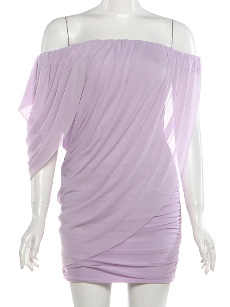 Slash Neck Folds Dress Women Irregular Sleeve Solid Mesh Elegant High Street Prom Party Chic Fashion Show Mini Bodycon