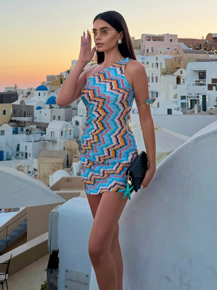 Zigzag Stripe Print Mini Dress Woman Summer Trend Skew Collar Backless Sleeveless High Street Sexy Fashion Bodycon