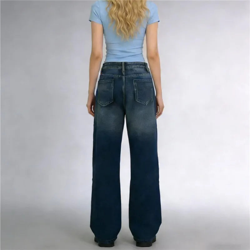 Women Water Washed Denim Pants Low Rise Retro Gradient Loose Straight Leg Jeans with Pockets Vintage Streetwear