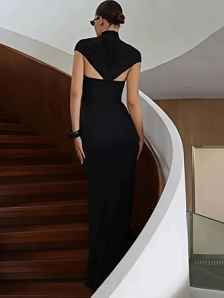 Turtleneck Short Sleeve Sexy Maxi Dress Women Elegant Draped Ruched Evening Club Party Long Dresses Female Clothes