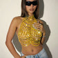 Women Crystal Chain Halter Crop Top Backless Rhinestone Linked Discs Bralette Sexy Sparkly Body Jewelry Party Clubwear