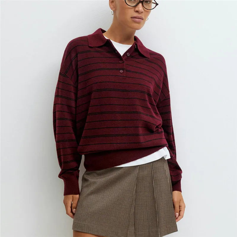 Women Knit Oversized Striped Sweater Tops Winter Warm Long Sleeve Turn-down Collar Loose Fit Tops Y2K Streetwear
