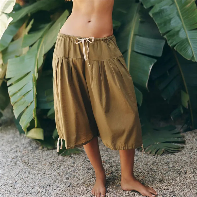 Women Loose Boho Capri Harem Pants Elastic Waistband Drawstring Pleated Adjustable Hem Tie Casual Summer Beach Culottes