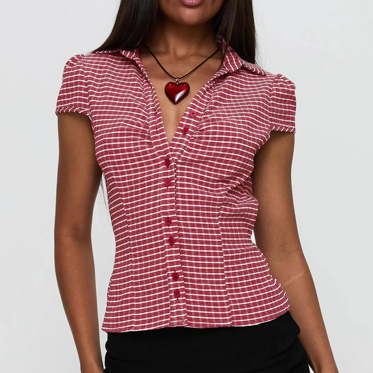 Women's Basic Button Down Shirts Cap Sleeve Lapel Collar Tight Blouse Tie Up Back Slim Fit Tops Summer Office Shir