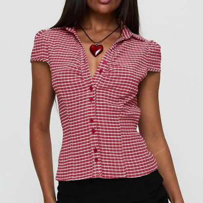 Women's Basic Button Down Shirts Cap Sleeve Lapel Collar Tight Blouse Tie Up Back Slim Fit Tops Summer Office Shir