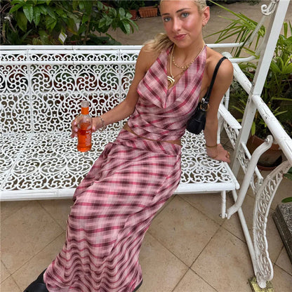 Vintage Plaid Print Halter Neck Two Piece Set Cowl Neck Backless Crop Top and Maxi Skirt Summer Retro Inspired Outfits