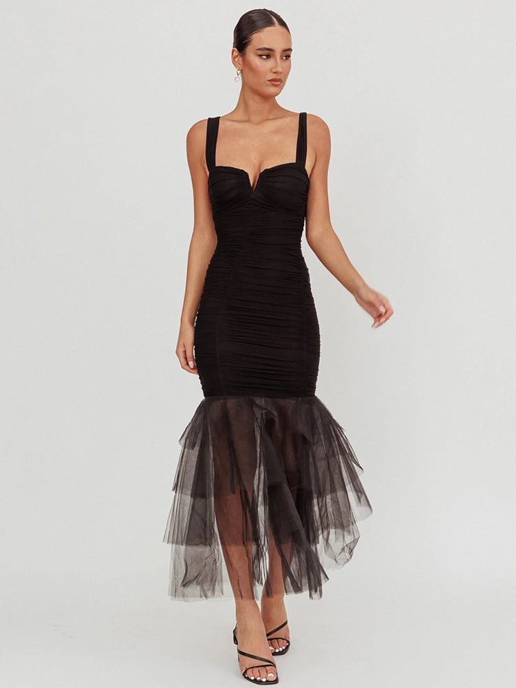 Mesh Backless Sexy Maxi Dress For Women Gown Two Layer Spaghetti Strap Sleeveless Ruched Bodycon Club Party Dress