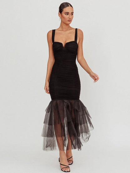 Mesh Backless Sexy Maxi Dress For Women Gown Two Layer Spaghetti Strap Sleeveless Ruched Bodycon Club Party Dress