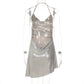 Elegant Silver Shiny Halter Backless Mini Dress for Women Flower Decor Backless Asymmetrical Hem Sexy Party Club Dress