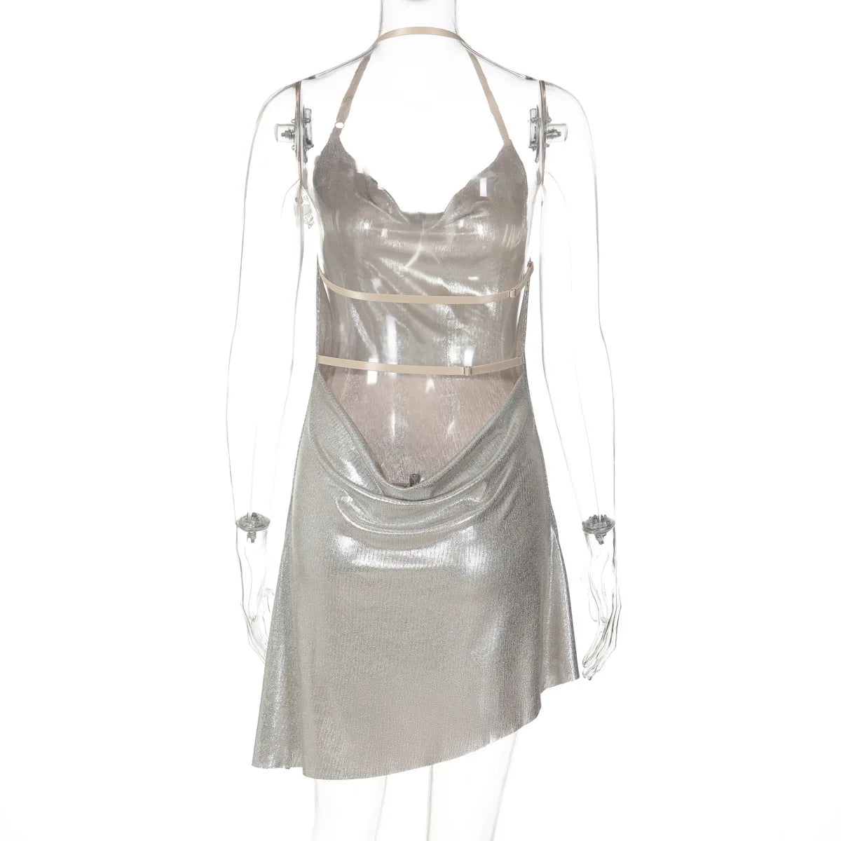 Elegant Silver Shiny Halter Backless Mini Dress for Women Flower Decor Backless Asymmetrical Hem Sexy Party Club Dress