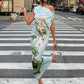 Trend Lotus Print Dress Women Sexy Skew Collar Sleeveless Ruched Stretch Skinny Elegant Fashion Party Street Bodycon