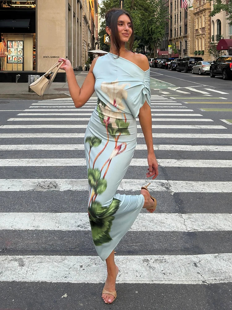 Trend Lotus Print Dress Women Sexy Skew Collar Sleeveless Ruched Stretch Skinny Elegant Fashion Party Street Bodycon