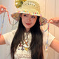 Women's Crochet Straw Bucket Hat, Beaded Tassel Sun Hat with Adjustable Chin Strap for Beach