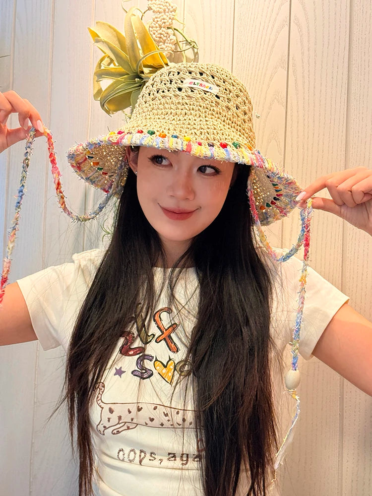 Women's Crochet Straw Bucket Hat, Beaded Tassel Sun Hat with Adjustable Chin Strap for Beach