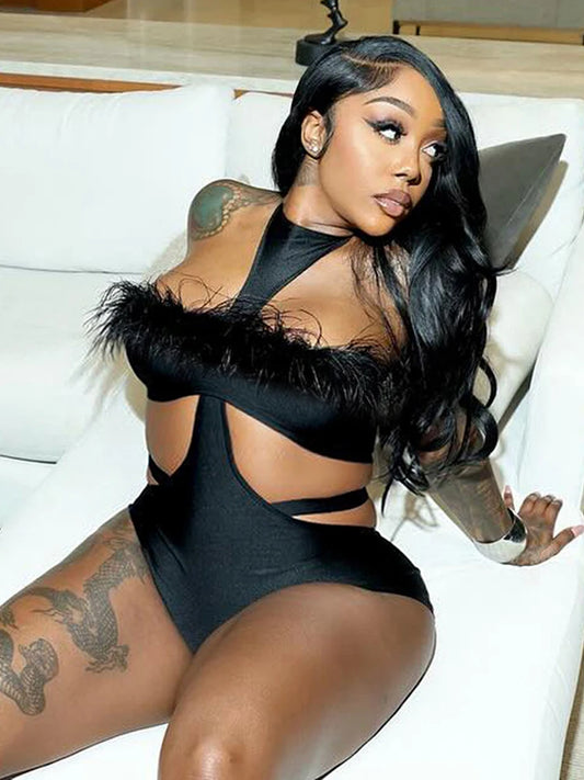 Sexy Furry Patchwork Playsuits Women Halter Backless Hollow O-Neck Stree Midnight Party Club Stretch Skinny Rompers