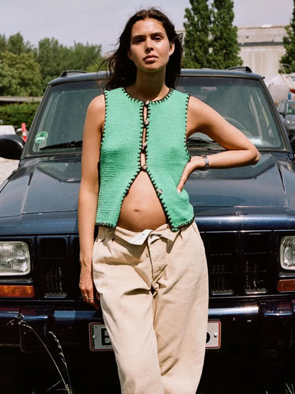 Contrast Color Knit Sweater Vest Women O Neck Single-btrasted Sleeveless Crop Tops Ladies Fashion Knitted Tops Vest