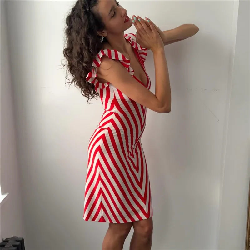 Womens Striped Midi Bodycon Dress Deep V Neck Ruffle Sleeve Red White Chevron Print Slim Fit Side Split Party Dress