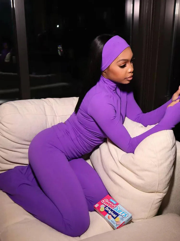 Casual Tracksuit Women 3-Piece Set Sporty Stretch Zip Crop Jacket+Leggings+Headband Fitness Stretch Street Outfits