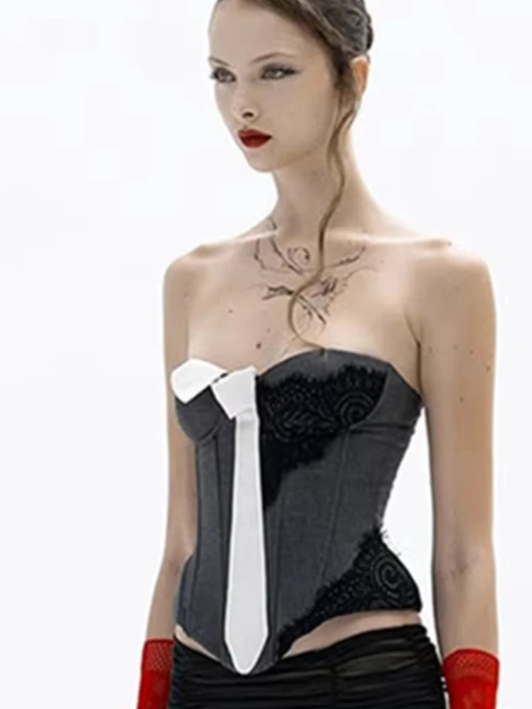 Sleeveless Fashion PU Patchwork Tank Top Women Sexy Trend Tie Irregular Hem Coquette Midnight Party Club Skinny Vests