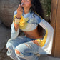 Backless Bandages T-Shirt Women Fashion Colorful PrintSee tThrough Puff Sleeve Sexy Hottie Street Party Crop Tess