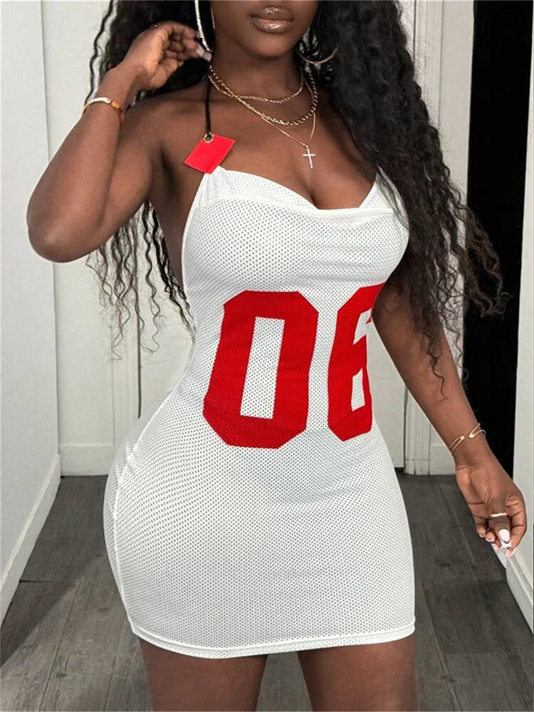 Backless Super Short Dress Women Digital Print Backless Low-Neck Halter Bandage Summer Trend Sexy Midnight Bodycon