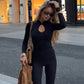 Fitted Black Long Sleeve Top with Keyhole Cutout Fashin 2026 Fall T Shirts Woman Clothing