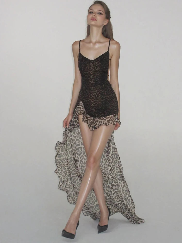 Bandages Cross Backless Dress Women Leopard Print Mesh Patchwork Irregular Hem Low-Neck Fashion Trend Party Bodycon