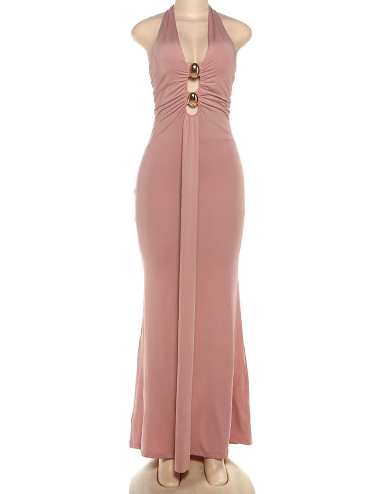 Sexy Halter Dress Women Backless Ribbon Hollow Out Elegant Stretch Skinny Peach Hip Christmas Birthday Party Bodycon