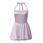 Women's Satin Halter Neck Mini Dress Tie Back Bow Bubble Skirt A-Line Sleeveless Bodycon Party Clubwear Cocktail Dress