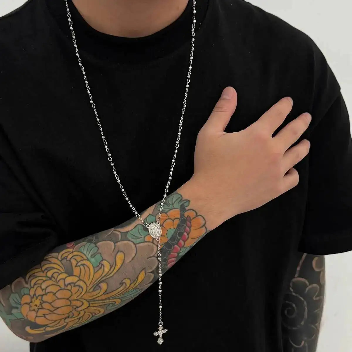 Stainless Steel Jesus Cross Pendant Necklace for Men, Long Chain, Bead Chain, Punk Jewelry, Christian, Hip Hop, 3 Styles