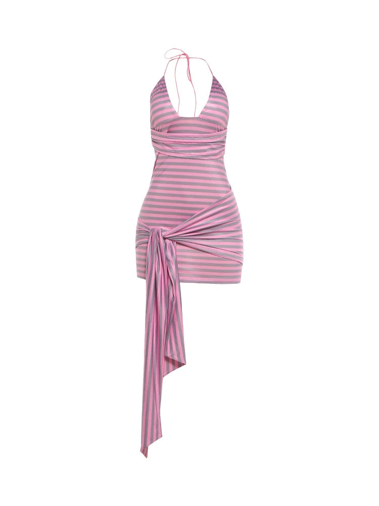 Sexy Halter Low-Neck Striped print backless Dress Women Bandages Patchwork Ribbon Sleeveless Trend Party Club Bodycon